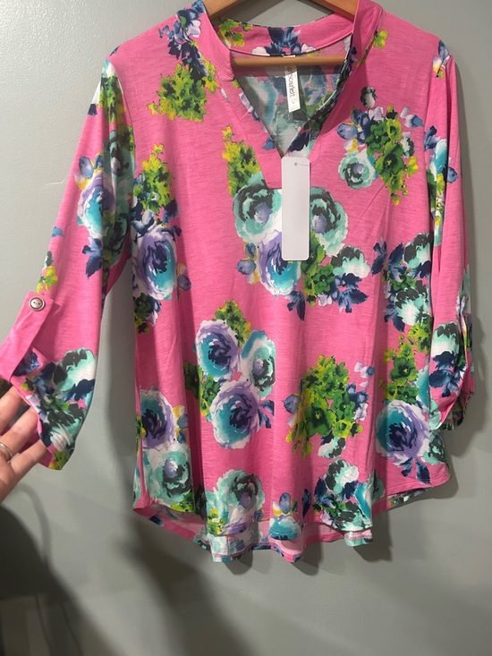 Dear Scarlett Tops - Pink Floral Split-Neck Blouse with Roll-Tab Sleeves
